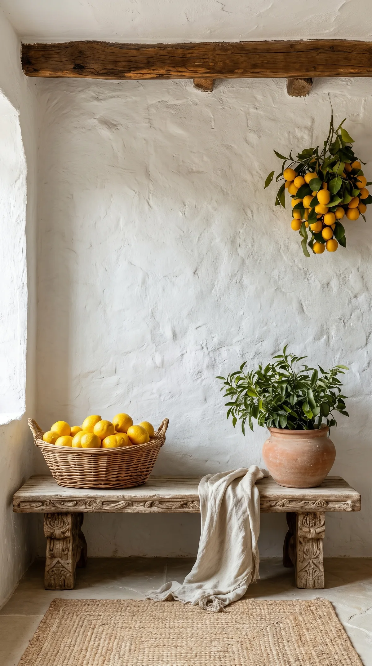 Lemons in a basket on a rustic bench