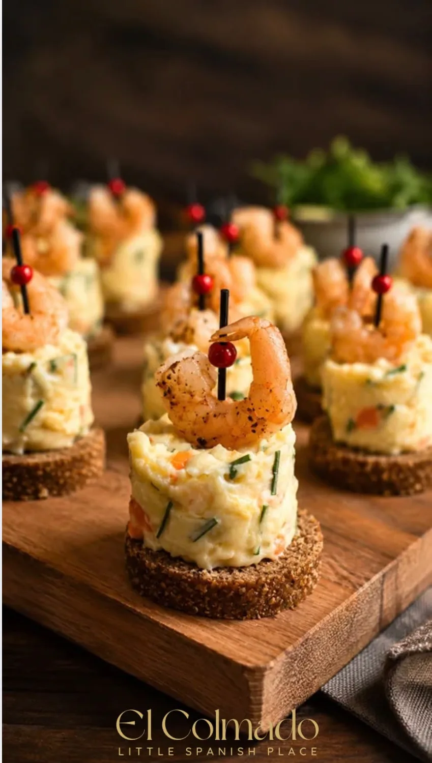 Prawn pintxos on a board